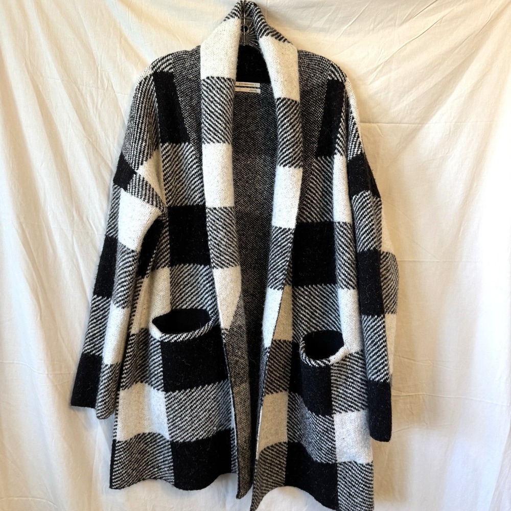 Anthropologie Womens Large Buffalo Plaid Open Front Cardigan Sweater Black White